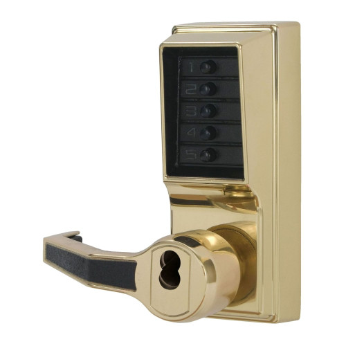 DormaKaba LL1041S-03-41 Pushbutton Cylindrical Lever Lock Combination Entry/Passage Functions with Key Override 2-3/4 Backset 1/2 Throw Latch Schlage FSIC Prep Less Core Bright Brass Finish Left Hand/Left Hand Reverse