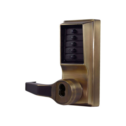 DormaKaba LL1076S-05-41 Pushbutton Cylindrical Lever Lock Combination Entry/Privacy Lockout Function with Key Override 2-3/4 Backset 3/4 Throw Latch Schlage FSIC Prep Less Core Antique Brass Finish Left Hand/Left Hand Reverse