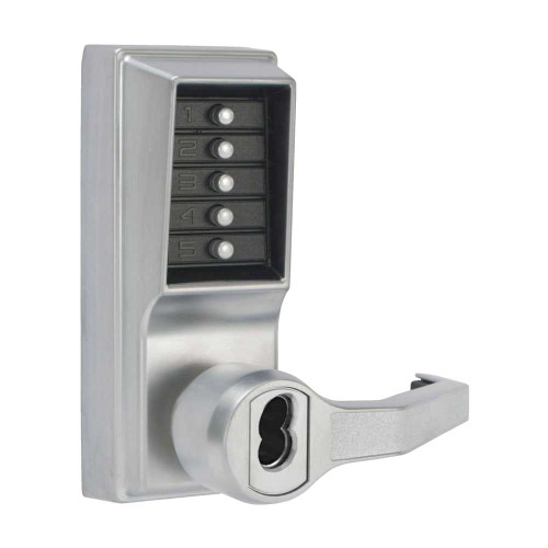 DormaKaba LR1022S-26D-41 Pushbutton Cylindrical Lever Lock Combination Entry Function with Key Override 2-3/8 Backset 1/2 Throw Latch Schlage FSIC Prep Less Core Satin Chrome Finish Right Hand/Right Hand Reverse LR1022S-26D-41