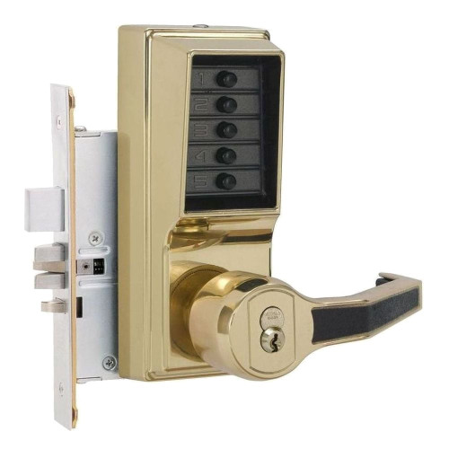DormaKaba R8148B-03-41 Mortise Combination Lever Lock Key Override Passage Lockout with Deadbolt 6/7-Pin SFIC Prep Less Core Bright Brass