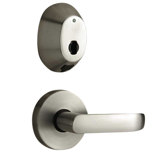 DormaKaba Multihousing RI6100G-U15 InSync Battery Operated Interconnected Cylindrical Latch and Deadbolt Lock Unit Electronic RFID Keys Gala Lever Right Hand Satin Nickel Plated Clear Coated RI6100G-U15