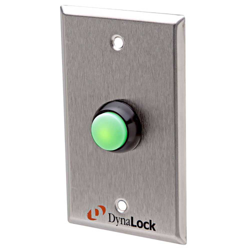 DynaLock 6171 Weatherproof Pushbutton Green LED backlit 3/4 Diameter White Thermoplastic Raised Dome Button Single Gang Plate Field Selectable 12/24 VDC Blank Faceplate 6171