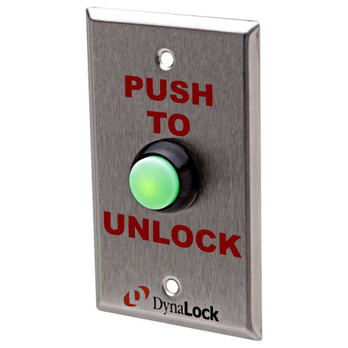 DynaLock 6175 Weatherproof Pushbutton Green LED Backlit 3/4 Diameter White Thermoplastic Raised Dome Button Single Gang Plate Field Selectable 12/24 VDC Faceplate Silkscreened PUSH TO UNLOCK 6175