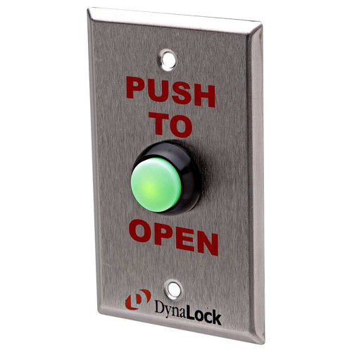 DynaLock 6176 Weatherproof Pushbutton Green LED backlit 3/4 Diameter White Thermoplastic Raised Dome Button Single Gang Plate Field Selectable 12/24 VDC Faceplate Silkscreened âPUSH TO OPENâ 6176