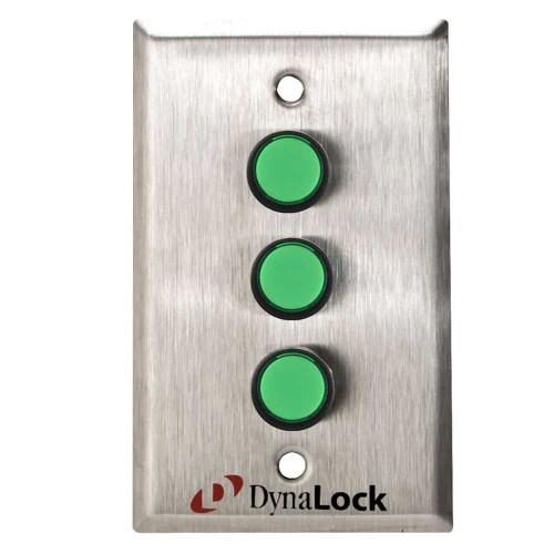 DynaLock 6135M Pushbutton Three Green Buttons 1 Gang Momentary SPDT Contacts Satin Stainless Steel 6135M