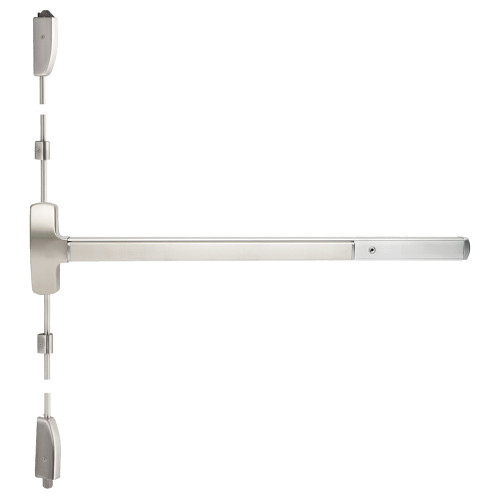 Falcon MEL-25-V-EO 3 US15 Grade 1 Surface Vertical Rod Exit Bar Wide Stile Pushpad 36 Device Exit Only Motorized Electric Latch Retraction Hex Key Dogging Satin Nickel Plated Clear Coated Finish Field Reversible