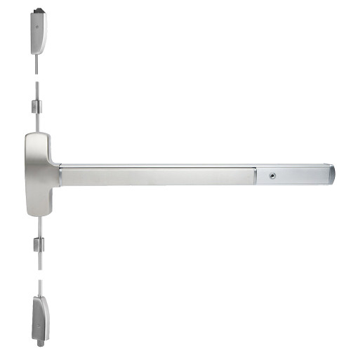 Falcon RX-25-V-EO 3 28 Grade 1 Surface Vertical Rod Exit Bar Wide Stile Pushpad 36 Device 84 Door Height Exit Only Function Less Trim Hex Key Dogging Request to Exit Satin Aluminum Clear Anodized Finish Non-Handed RX-25-V-EO 3 28