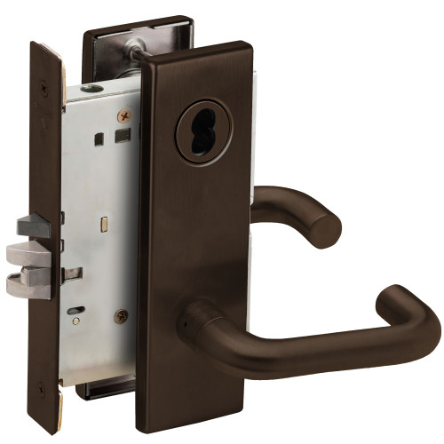 Schlage L9080J 03N 613 Grade 1 Mortise Storeroom Lock Schlage FSIC Less Core 03 Lever N Escutcheon Dark Oxidized Satin Bronze Oil Rubbed Finish Field Reversible