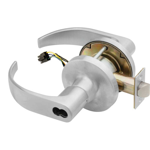 Falcon T851BD Q 626 24V Grade 1 Storeroom Electric Cylindrical Lock Fail Safe SFIC Prep Less Core 6 to 7 Pins Quantum Lever 3-1/2 Rose Diameter Matte Silver Finish Field Reversible T851BD Q 626 24V