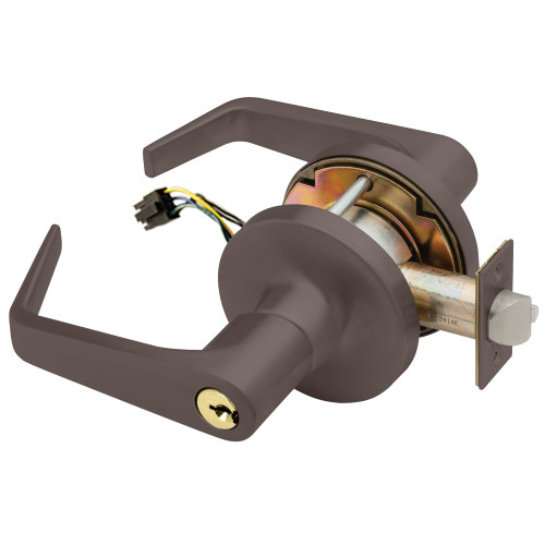 Falcon T851PD D 613 24V Grade 1 Storeroom Electric Cylindrical Lock Fail Safe Conventional Cylinder 5 Pins Dane Lever 3-1/2 Rose Diameter Dark Bronze Finish Field Reversible