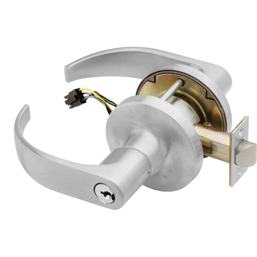 Falcon T881CP6D Q 626 24V KD Grade 1 Storeroom Electric Cylindrical Lock Fail Secure Conventional Cylinder 6 Pins Quantum Lever 3-1/2 Rose Diameter Matte Silver Finish Field Reversible T881CP6D Q 626 24V KD