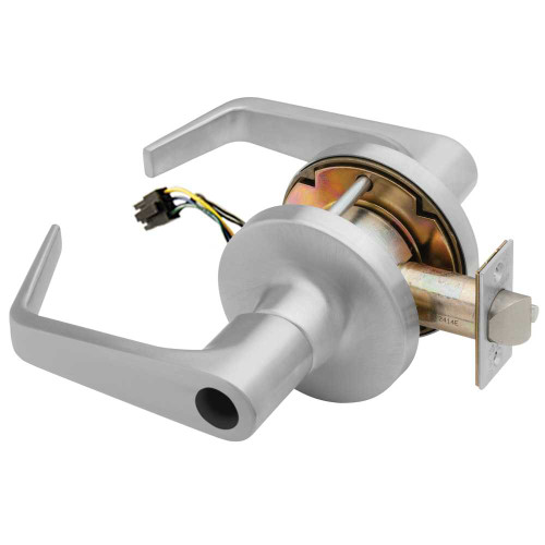 Falcon T881LD D 626 24V Grade 1 Storeroom Electric Cylindrical Lock Fail Secure Less Cylinder Dane Lever 3-1/2 Rose Diameter Matte Silver Finish Field Reversible T881LD D 626 24V