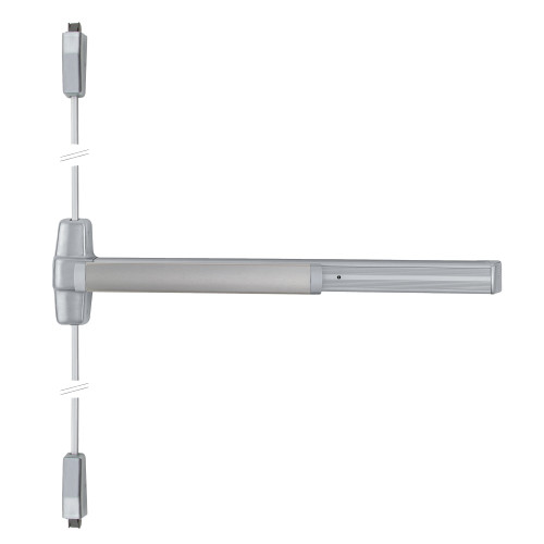 Von Duprin 9927EO 4 US28 Grade 1 Surface Vertical Rod Exit Bar Wide Stile Pushpad 48 Panic Device 84 Door Height Exit Only Less trim Hex Key Dogging Satin Aluminum Clear Anodized Finish Field Reversible