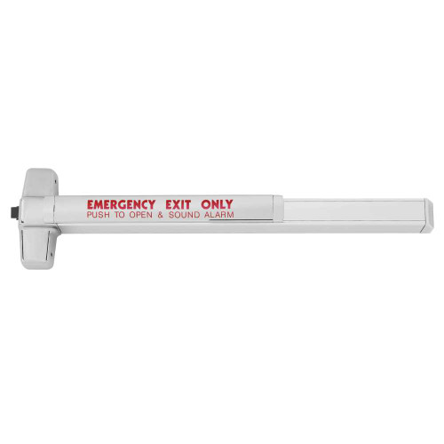 Von Duprin SS98EO-F 4 US26 RHR Grade 1 Rim Exit Device 48 Length Fire Rated Exit Only Less Dogging Signal Emergency Exit Only Push to Open & Sound Alarm Bright Chrome Finish Right-Hand Reverse SS98EO-F 4 US26 RHR