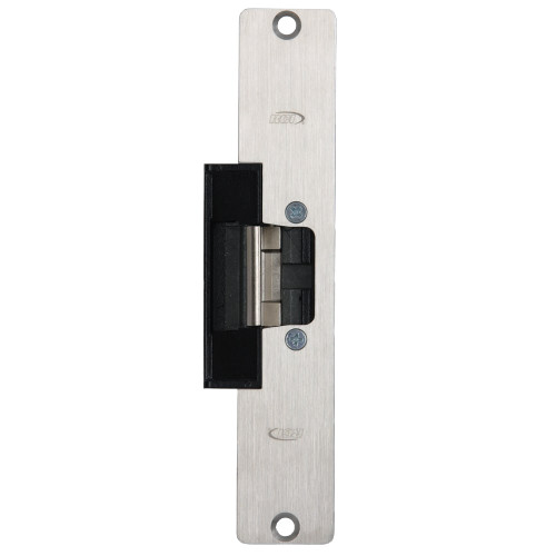RCI L6508 32D Electric Strike Low Profile 7-15/16 In Round Corner Faceplate For 5/8 In Projection Latches 12-24 VAC 12/24 VDC Fail Safe/Fail Secure Satin Stainless Steel 