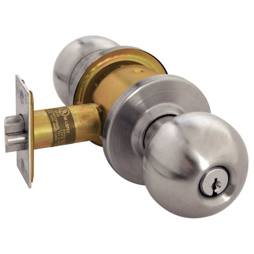 Arrow RK11-BD-32D-CS Grade 2 Turn-Pushbutton Entrance Cylindrical Lock Ball Knob Conventional Cylinder Schlage C Keyway Satin Stainless Steel Finish Non-handed RK11-BD-32D-CS