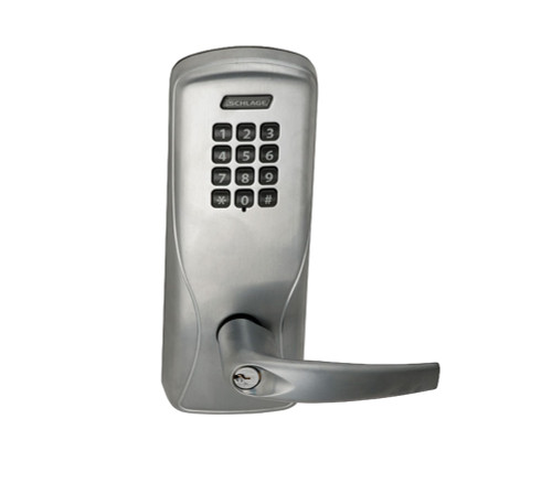 Schlage Electronics CO220993R75KPATH605JR CO-220 Standalone Classroom Lockdown Solution w/FOB and Indicator Rim/Concealed Exit Device Trim Classroom Security Function Keypad Athens Style Lever FSIC Prep Bright Brass
