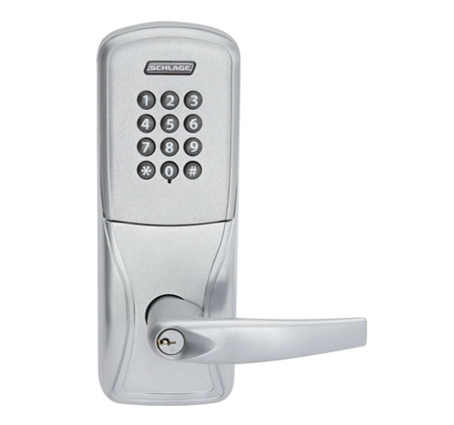 Schlage Electronics AD200993S70KPATH626LRR AD-200 Standalone Electronic Lock Surface Vertical Rod Exit Trim Classroom Function Keypad Athens Style Lever Less Schlage Standard Cylinder Satin Chrome