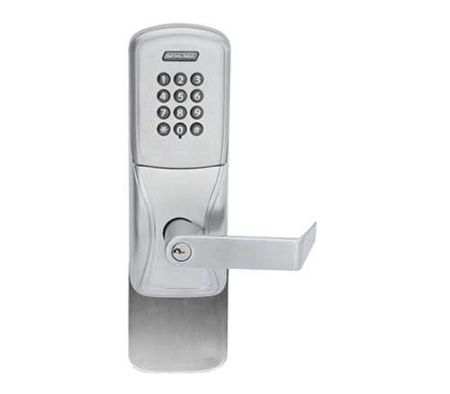 Schlage Electronics AD200993S70KPRHO626BRR AD-200 Standalone Electronic Lock Surface Vertical Rod Exit Trim Classroom Function Keypad Rhodes Style Lever SFIC Prep Satin Chrome
