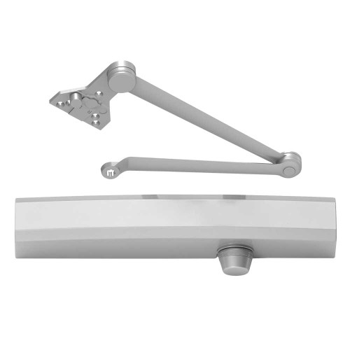 LCN 1450-CUSH 689 Grade 1 Cast Aluminum Surface Mount Closer Size 1-6 Adjustable Double Lever Arm Soffit Stop Non-Handed Slim Plastic Cover Aluminum Painted Finish 1450-CUSH 689