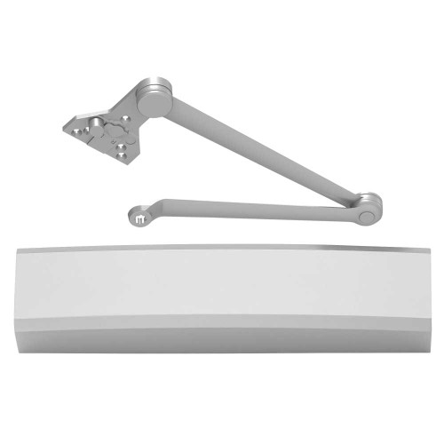 LCN 1450-CUSH 689 FC Grade 1 Cast Aluminum Surface Mount Closer Size 1-6 Adjustable Double Lever Arm Soffit Stop Non-Handed Full Plastic Cover Aluminum Painted Finish 1450-CUSH 689 FC