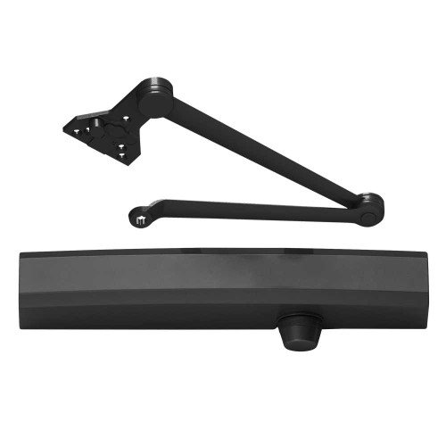 LCN 1450-CUSH 693 Grade 1 Cast Aluminum Surface Mount Closer Size 1-6 Adjustable Double Lever Arm Soffit Stop Non-Handed Slim Plastic Cover Black Painted Finish 1450-CUSH 693