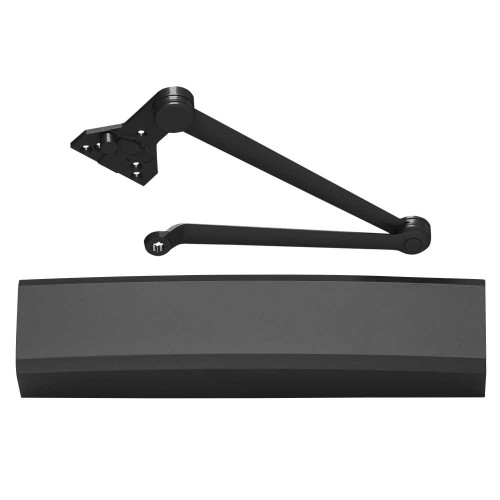 LCN 1450-CUSH 693 FC Grade 1 Cast Aluminum Surface Mount Closer Size 1-6 Adjustable Double Lever Arm Soffit Stop Non-Handed Full Plastic Cover Black Painted Finish 1450-CUSH 693 FC
