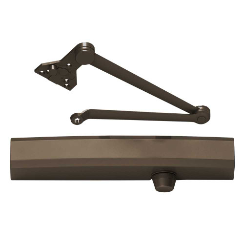 LCN 1450-CUSH 695 Grade 1 Cast Aluminum Surface Mount Closer Size 1-6 Adjustable Double Lever Arm Soffit Stop Non-Handed Slim Plastic Cover Dark Bronze Painted Finish 1450-CUSH 695