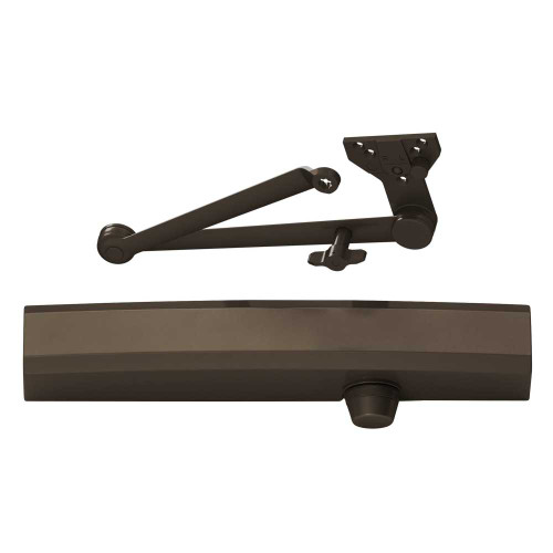 LCN 1450-HCUSH 695 Grade 1 Cast Aluminum Surface Mount Closer Size 1-6 Adjustable Double Lever Arm Friction Hold Open Soffit Stop Non-Handed Slim Plastic Cover Dark Bronze Painted Finish 1450-HCUSH 695