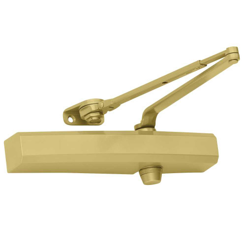 LCN 1450-Hw/PA 696 Grade 1 Cast Aluminum Surface Mount Closer Size 1-6 Adjustable Friction Hold Open Double Lever Arm with Parallel Bracket Non-Handed Slim Plastic Cover Satin Brass Painted Finish 1450-Hw/PA 696