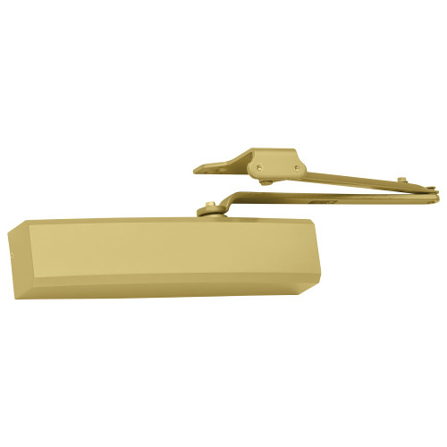 LCN 1450-Rw/PA 696 FC Grade 1 Cast Aluminum Surface Mount Closer Size 1-6 Adjustable Double Lever Arm with Parallel Bracket Non-Handed Full Plastic Cover Satin Brass Painted Finish 1450-Rw/PA 696 FC