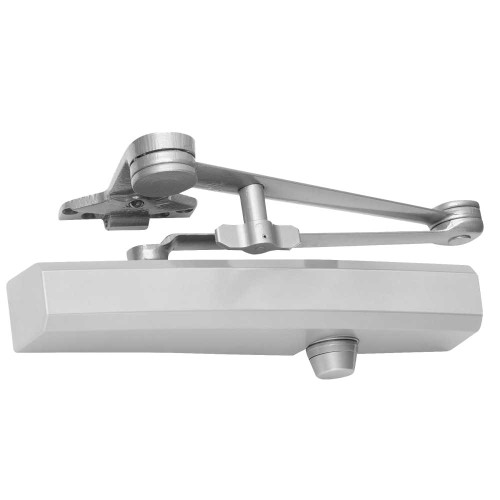 LCN 1450-SHCUSH 689 Grade 1 Cast Aluminum Surface Mount Closer Size 1-6 Adjustable Friction Hold Open Double Lever Arm Soffit Spring Stop Non-Handed Slim Plastic Cover Aluminum Painted Finish 1450-SHCUSH 689