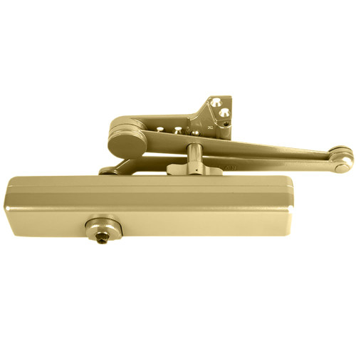 LCN 1461-SCUSH 696 DS Grade 1 Parallel Arm Surface Closer Push Side Parallel Arm Heavy Duty Stop Spring Stop Designer Metal Cover 100 Deg Swing Spring Cush-n-Stop Arm Satin Brass Painted Finish Non-Handed