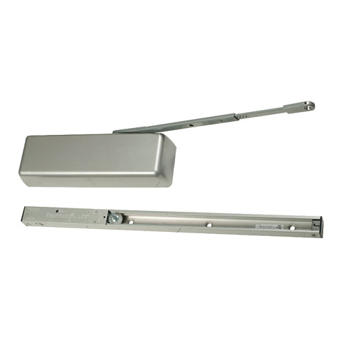 LCN 4040SE-DE 24V LH 689 Grade 1 Surface Door Closer Slide Track Arm Double Egress with Hold 95 Deg Hold Plastic Cover 24V Aluminum Painted Finish Left-Handed 4040SE-DE 24V LH 689
