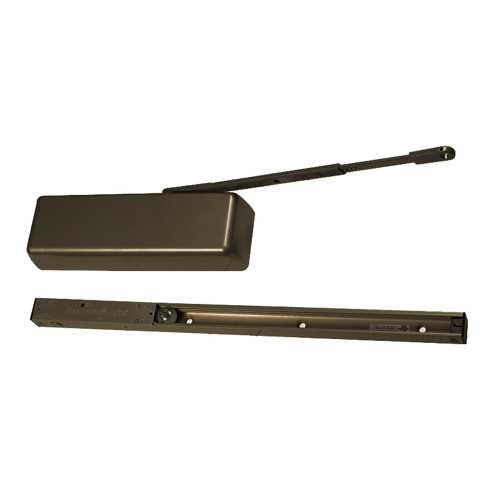 LCN 4040SE-DE 24V RH 695 Grade 1 Surface Door Closer Slide Track Arm Double Egress with Hold 95 Deg Hold Plastic Cover 24V Dark Bronze Painted Finish Right-Handed 4040SE-DE 24V RH 695