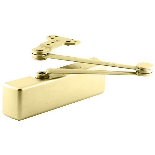 LCN 4040XP-CUSH LH 632 Grade 1 Surface Door Closer Cush Arm Push Side Mounting 110 Degree Swing Adjustable Size 1-6 Metal Cover Bright Brass Finish Left-Handed