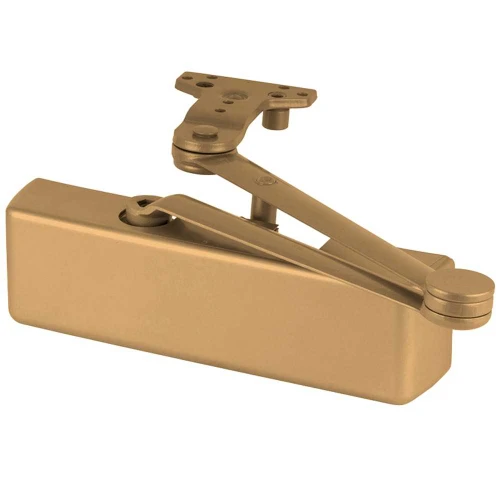 LCN 4040XP-HCUSH 696 Grade 1 Surface Door Closer Hold Open Cush Arm Push Side Mounting 110 Degree Swing Adjustable Size 1-6 Plastic Cover Satin Brass Painted Finish Non-Handed 4040XP-HCUSH 696