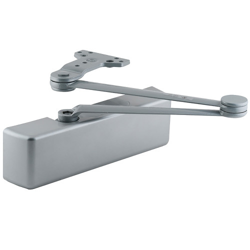 LCN 4041DEL-CUSH RH 689 MC Grade 1 Surface Door Closer Cush Arm Push Side Mounting 110 Degree Swing Adjustable Size 1-6 Metal Cover Delayed Action Aluminum Painted Finish Right-Handed