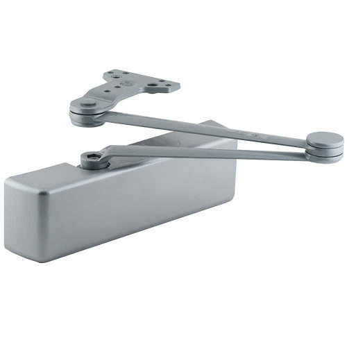 LCN 4041DEL-CUSH RH 689 MC Grade 1 Surface Door Closer Cush Arm Push Side Mounting 110 Degree Swing Adjustable Size 1-6 Metal Cover Delayed Action Aluminum Painted Finish Right-Handed 4041DEL-CUSH RH 689 MC