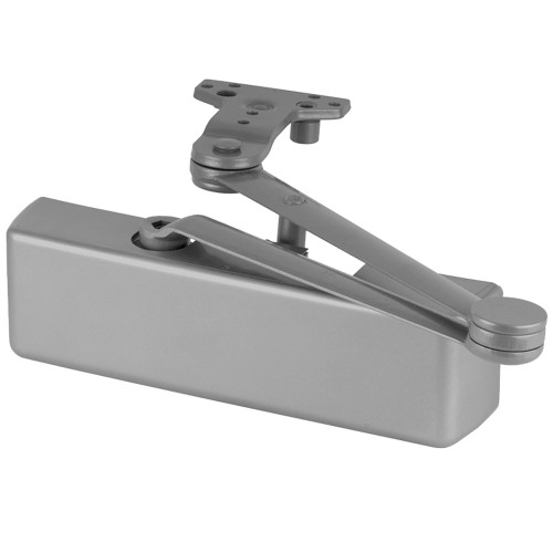 LCN 4041DEL-HCUSH 689 Grade 1 Surface Door Closer Hold Open Cush Arm Push Side Mounting 110 Degree Swing Adjustable Size 1-6 Plastic Cover Delayed Action Aluminum Painted Finish Non-Handed
