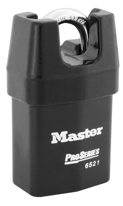 Master Lock Company 6521WO 2-1/8 Heavy Steel Body 3/4 Tall 5/16 Hardened Boron Alloy Shackle SFIC Prep Less Core Iron Shackle Shroud 6521WO