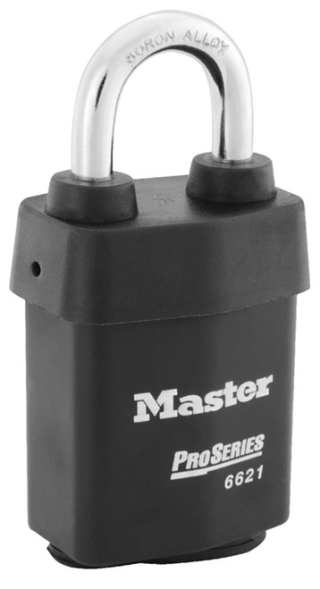Master Lock Company 6621WO 2-1/8 In Heavy Steel Body 1-1/8 In Tall 5/16 In Diameter Hardened Boron Alloy Shackle Without Cylinder Weather Tough Cover 6621WO
