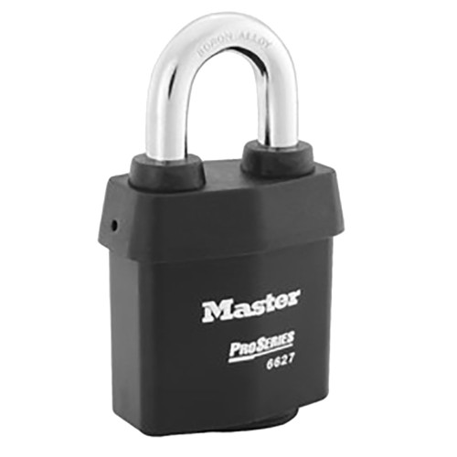 Master Lock Company 6627LJ D04 6PIN KZ 2-5/8 In Heavy Steel Body 2-1/2 In Tall 5/16 In Diameter Hardened Boron Alloy Shackle 6 Pin Cylinder Weather Tough Cover 