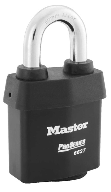 Master Lock Company 6627WO 2-5/8 In Heavy Steel Body 1-1/8 In Tall 5/16 In Diameter Hardened Boron Alloy Shackle Without Cylinder Weather Tough Cover 6627WO