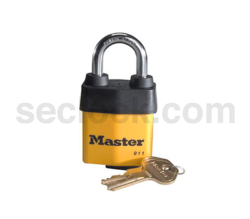 Master Lock Company 911DPF 2-1/8 In Wide Reinforced Laminated Steel Body Hardened Boron Alloy Shackle 5 Pin Cylinder Weatherproof Cover and Keyway Protection Removable Cylinder