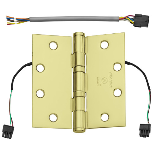 McKinney TA2714 4-1/2X4-1/2 3 QC4 Full Mortise Hinge 5-Knuckle Standard Weight 4-1/2 by 4-1/2 Square Corner 4-Wire ElectroLynx Connector Bright Brass Finish