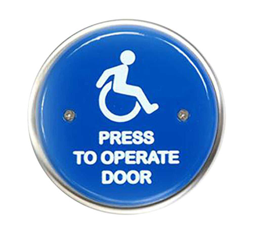 MS Sedco 59R4-H 59R4 Series Door Activation Switch Blue Face plate 4-1/2 Round Stainless Steel Switch WHEELCHAIR/PRESS TO OPERATE DOOR 59R4-H