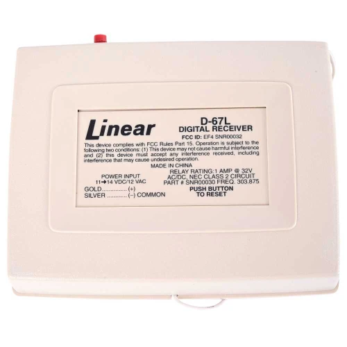 Nortek Control D-67L 1-Channel Latching Receiver Operates on 11-24 VDC or 12-16 VAC Power One Channel One Form C Relay Output 256 Discrete Codes Relay Latches when Transmitter is Triggered Pushbutton Un-Latches the Relay 303875 MHz RF Frequency D-67L