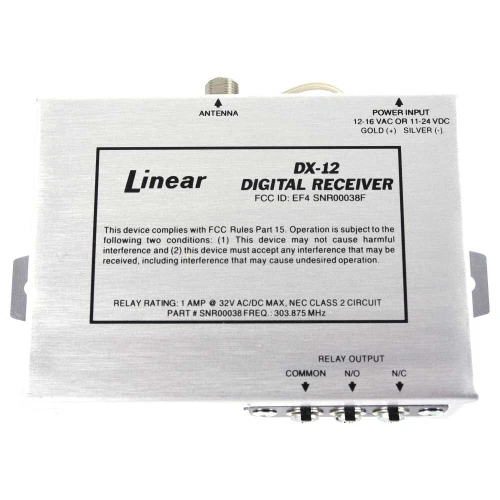 Nortek Control DX-12 1-Channel Metal Case Receiver Metal Housing One Channel Operates on 11-24 VDC or 12-16 VAC Power 256 Discrete Codes Standard Digital Format one Form C Relay Output ome Amp Contact Rating at 32 Volts AC/DC 303875 MHz RF Frequency DX-12