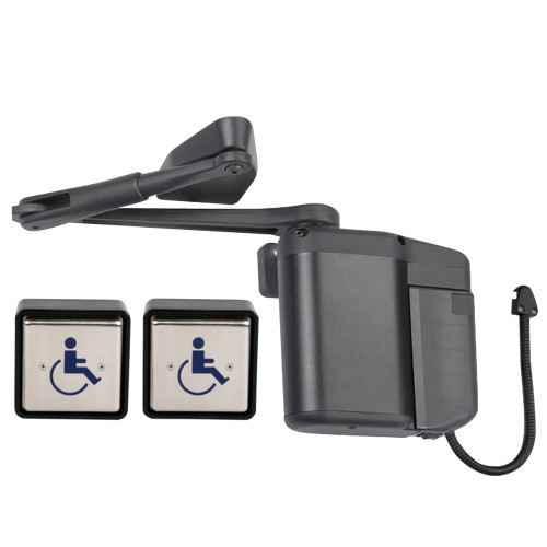 Norton 5845xSQPB 693T Kit includes ADAEZ PRO Door Operator Push or Pull Side Double Lever and Parallel Arms ADA1015P Hardwire Kit Two Square Style Push Buttons Pull Side Regular Arm Black Textured Powder Coat